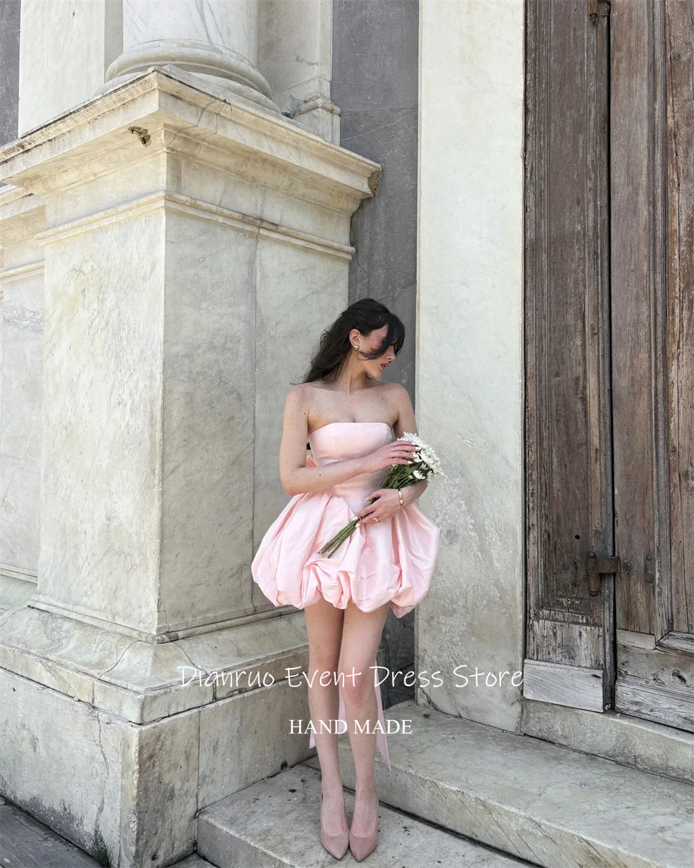 ディアンルオ ミニ Aライン イブニングドレス ピンク ストレスレス パフ サテン ローブ ド ソワレ 大きなリボン レースアップ ドレス レディース カスタムメイド