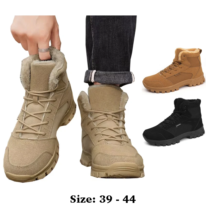 

Высококачественные кожаные зимние ботинки длиной до щиколотки для мужчин, размер 44, новинка 2025 года, зимняя уличная походная горная обувь цвета хаки, коричневого цвета
