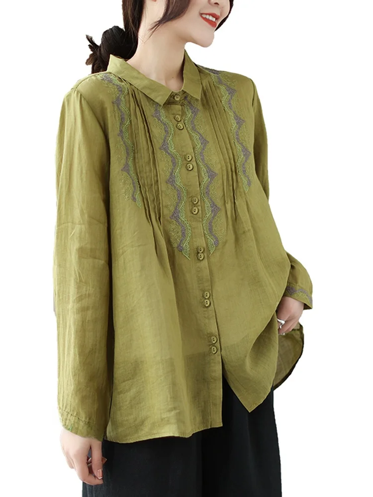 Ele المطرزة القطن الكتان irt طويلة Sve عارضة الياقة فضفاضة تناسب السيدات تخفيف Sle الصيف Faion الأعلى #5