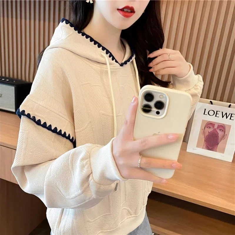 Autumn Winter New Fashion Solid Color Patchwork Long Sleeve Pullovers Hoodies Drawstring Korean Loose Trend All-match Chic Tops