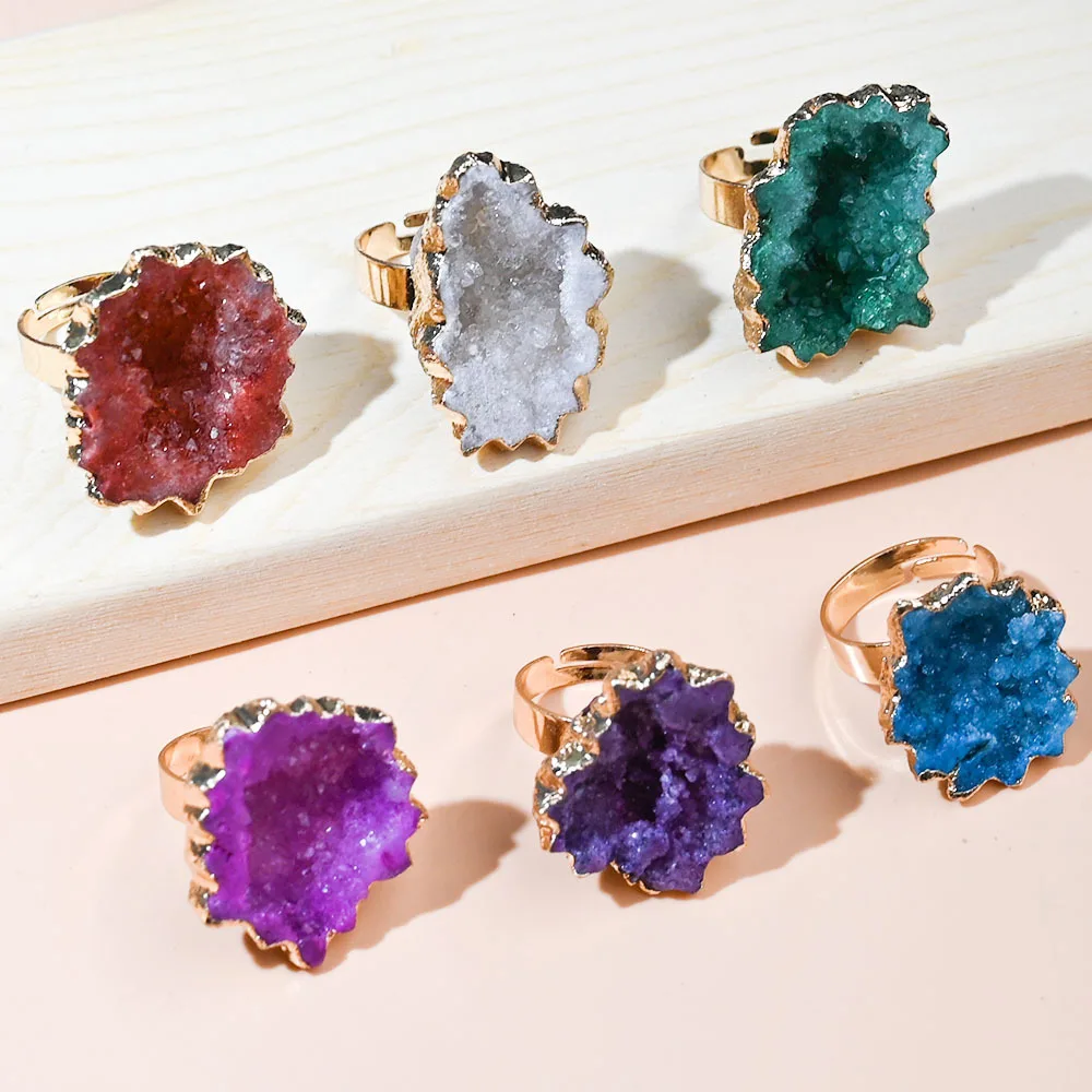 Natural Agate Geode Sun Flower Slice Rings Electroplating Irregular Cluster Golden Edge Adjustable Ring Circle Jewelry for Women
