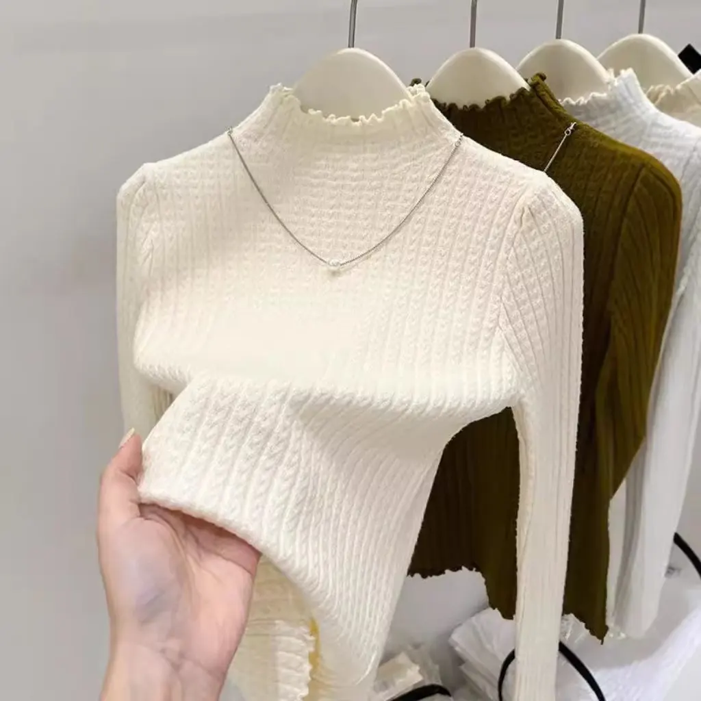 Women's Slim-fit Sweater with Half-high Collar And Wood-Ear Edge Autumn Winter Base Shirt Twist Eight Patterns All-match