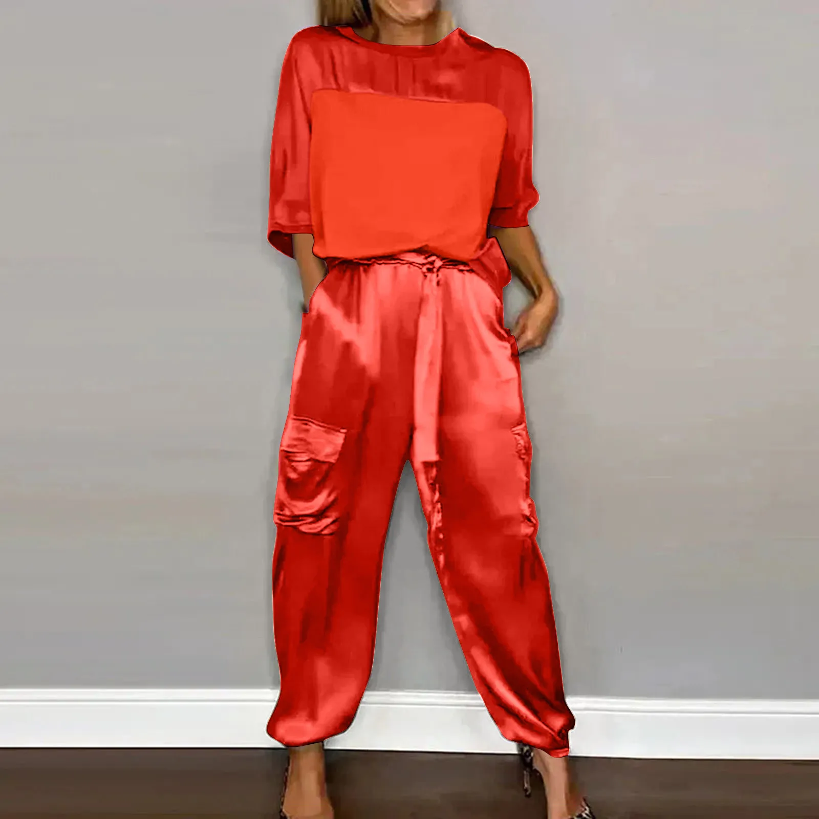 Women Tracksuit Smooth Satin Half Sleeve Tops Round Neck T-Shirt Wide Leg Drawstring Ankle Banded Pants Solid Color Summer Suits