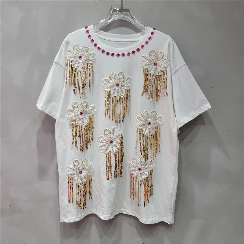 Heavy Industry Rhinestone Flower Sequined Tassel T-shirt Women 2024 Summer Mid-Length Loose Casual Round Neck Chic White Top