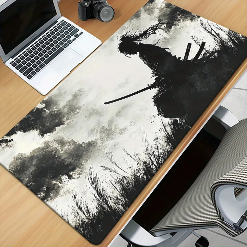 

Большой коврик для мыши с черно-серым самураем, настольный коврик, игровой коврик, нескользящий прочный офисный коврик с прошитыми краями, ковер для мыши