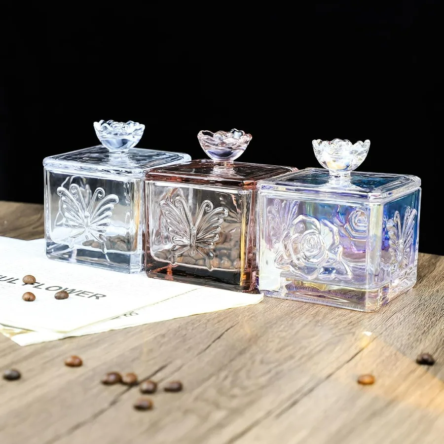 جرة حلوى زجاجية منقوشة بالورود والفراشات، جرة طعام من الزجاج الملون مع غطاء