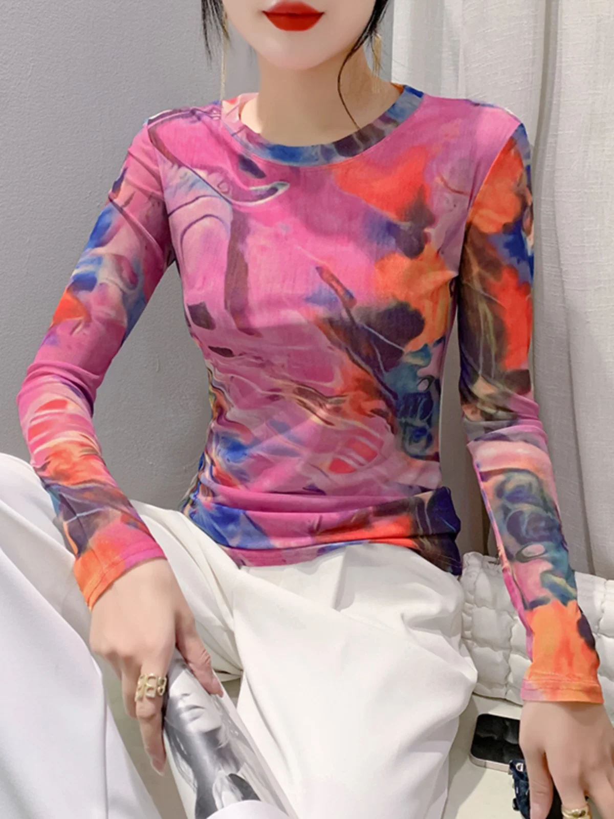 S-3XL Stretchy Mesh Tee TShirt Women O-Neck Full Sleeve Printing T-shirts Female Elegant High Stretch Slim Top