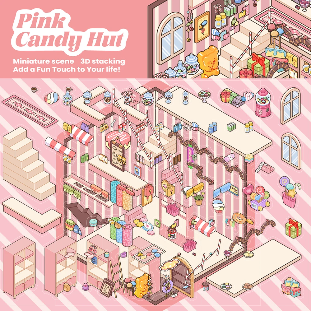 

3 шт., розовая наклейка «Будинок конфет», ностальгия, штабелирование, кафе, пейзаж, комната, декомпрессия, художественная картина, отдел Y2K, модные наклейки