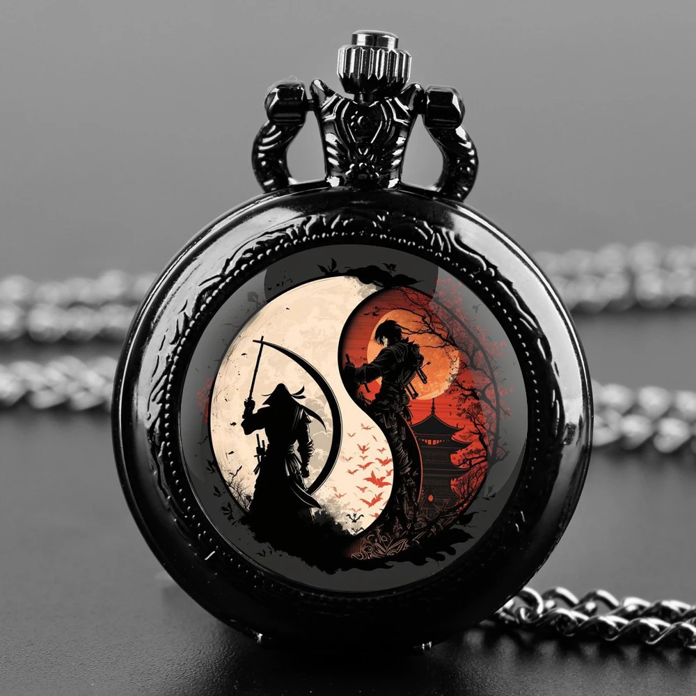 

Swordsman Inspired Design Black Quartz Pocket Watch with Durable Chain Arabic Numeral Time Display for Men and Women Gifts