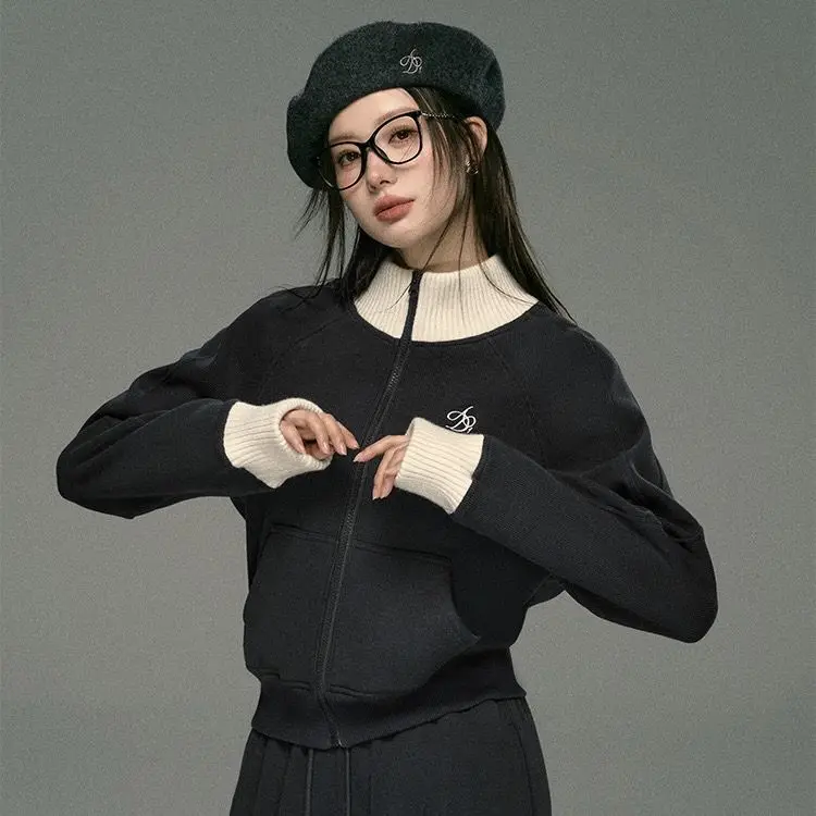 Sweater Coat Cardigans Contrast Color Stand Collar Female American Vintage Temperament Chic Long-Sleeved Knitwears Top