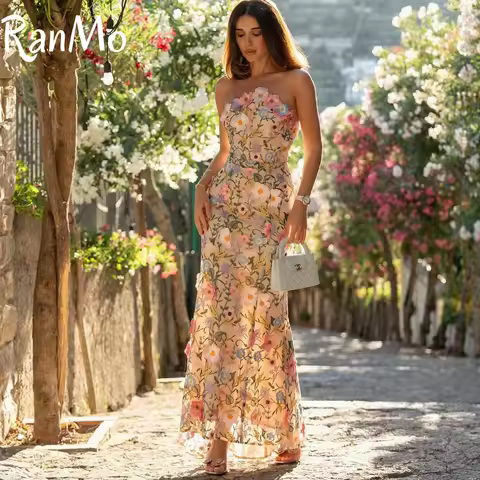 Ranmo Customized 2025 Elegant Strapless Applique Lace Sleeveless Evening Dress Mermaid Prom Gown Temperament Bridal Party Dress
