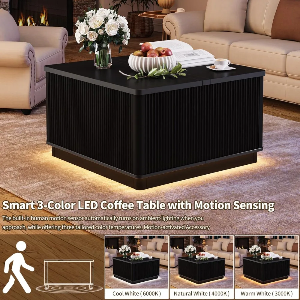 طاولة قهوة حديثة قابلة للرفع مع مساحة تخزين، طاولات قهوة مربعة مع إضاءة LED ومخرج طاقة، طاولة مركزية مربعة خشبية f #4