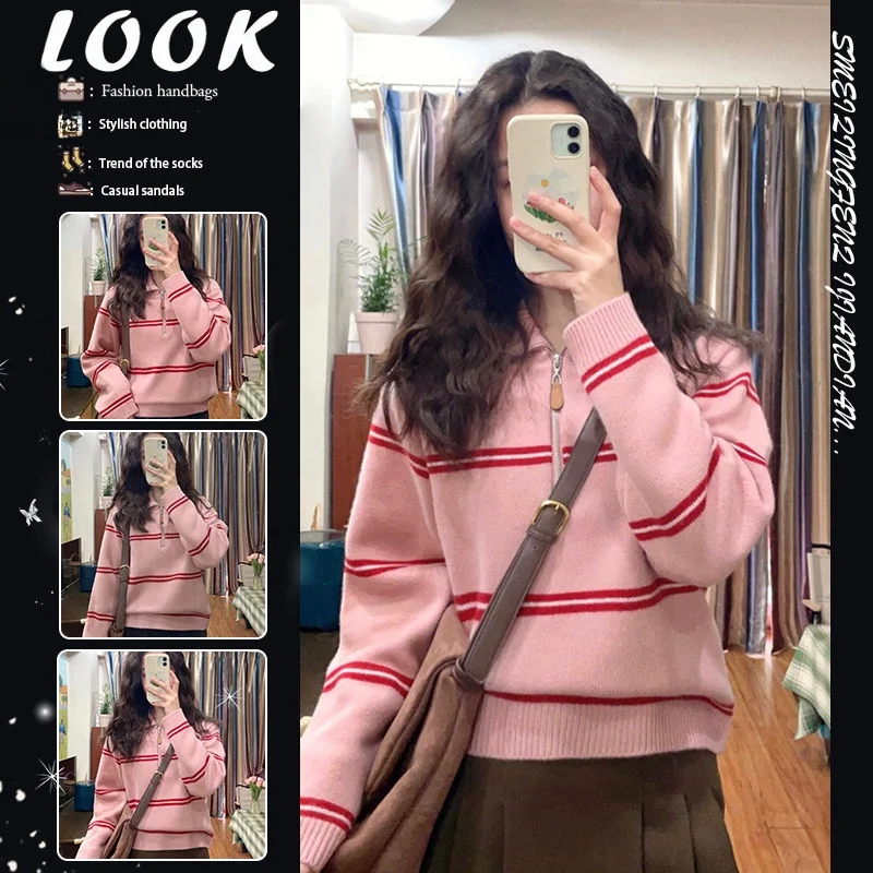 pink-striped-thiened-f-zip-ne-sweater-women's-loose-lazy-sle-inner-wear-knitted-irt-autumn-winter-season