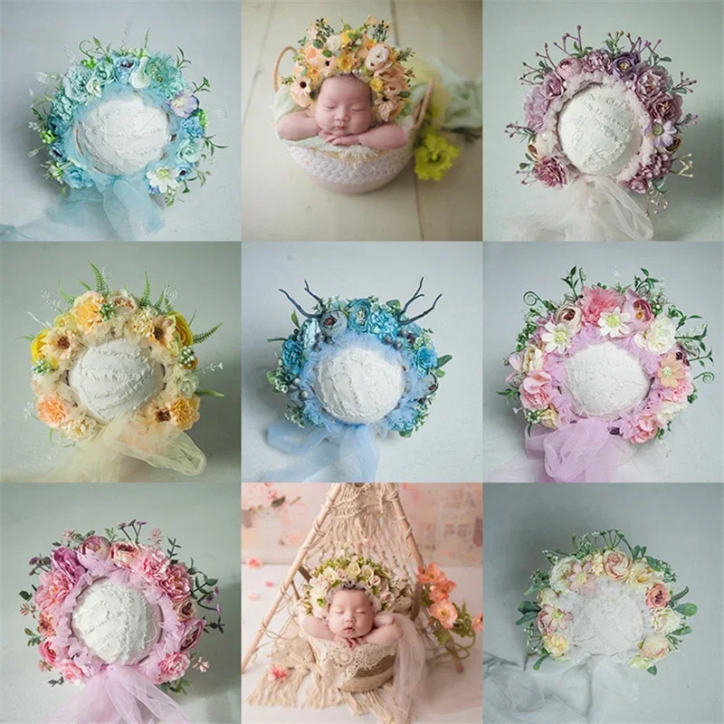 Newborn Photography Accessories Baby Floral Bonnet Hat Photography Color Simulation Flower 3-12 Months Newborn Cap Photo Props