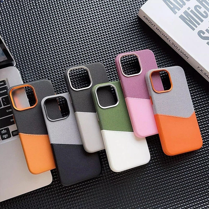 Dual Color Linen Leather MagSafe Phone Case for iPhone 16 15Pro Max 14 13 12 Card Pocket Wireless Charging Back Cover