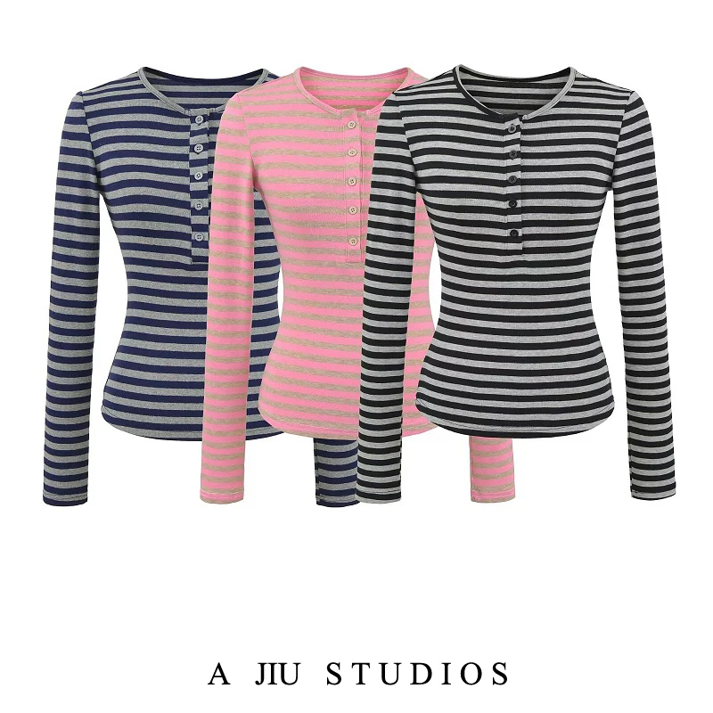 

Облегающая длинная футболка Sve, женская футболка с открытым воротником, основание irt, полосатый узор для похудения, чистое желание, контрастный цвет, Blo