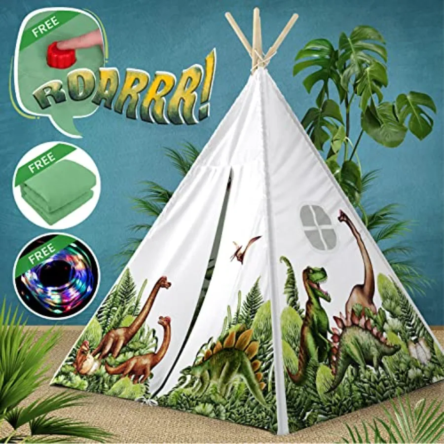 

Dinosaur Discovery Teepee for kids' playroom, polyester fabric, green/brown, ultra-stable frame with roar button, LED lights pl