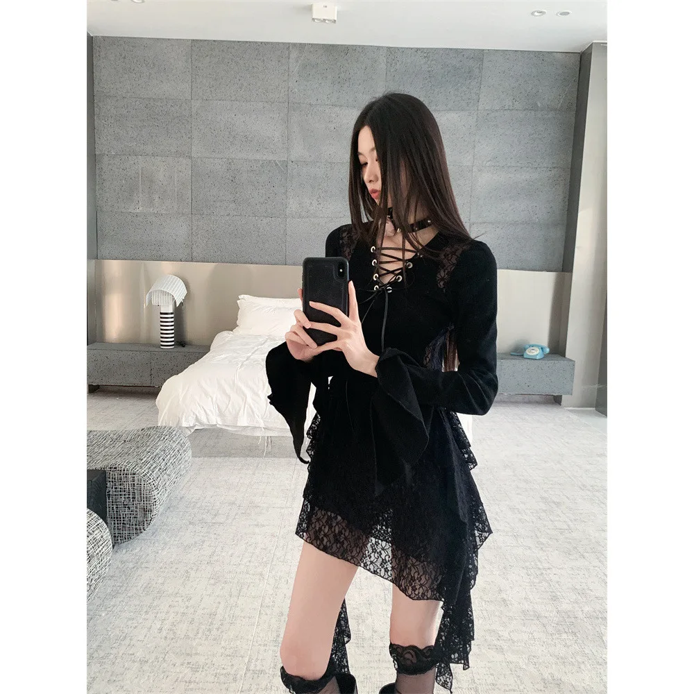 Minivestido de noche negro con paneles de encaje de punto Irregular Vintage, vestido gótico Punk con cuello en V, mangas con volantes, corte en A