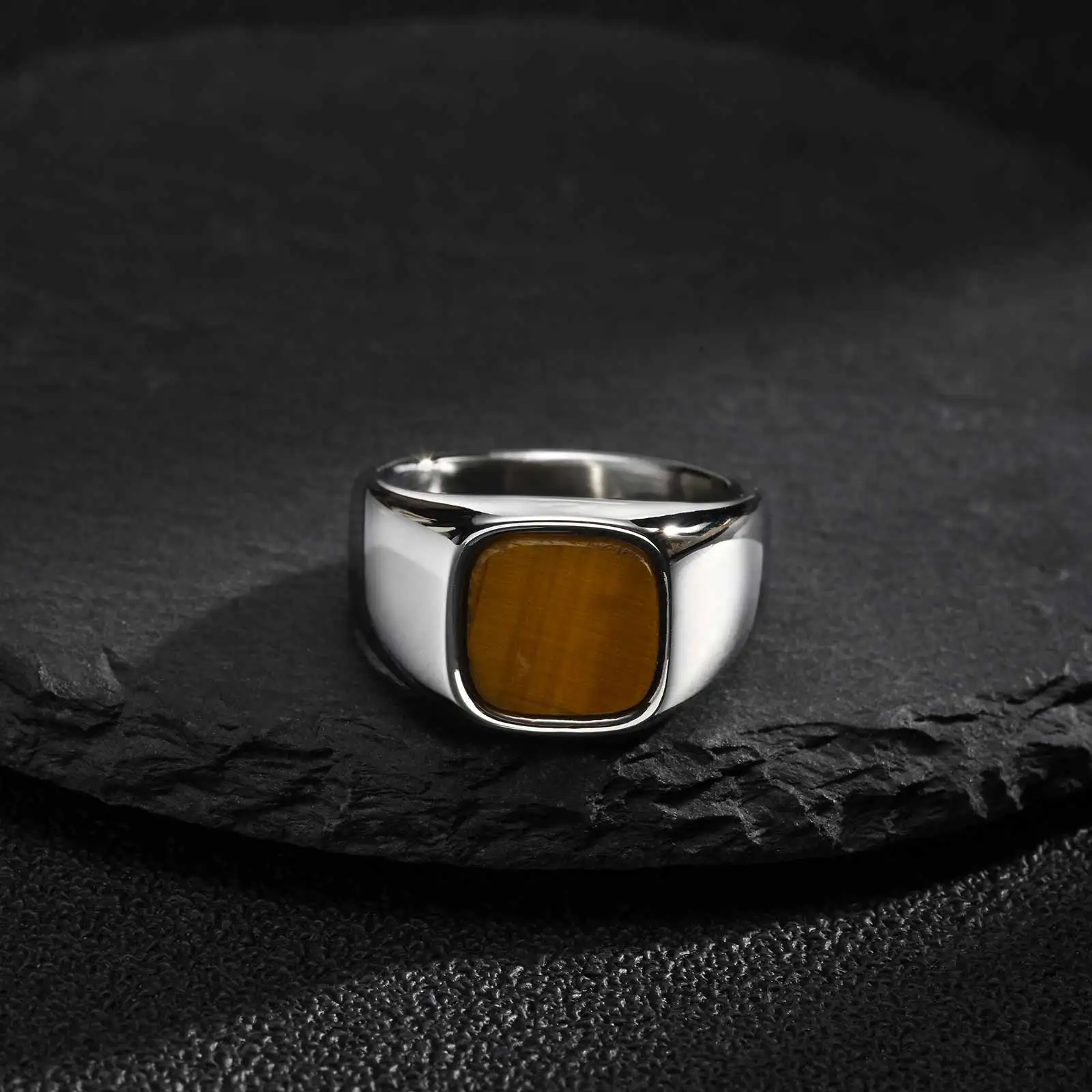 Vnox Herren-Siegelring aus Edelstahl, Fingerring mit natürlichem Tigerauge-Stein, Vintage-Statement-Schmuck, Geschenk für Freund, Vater – Detail 9