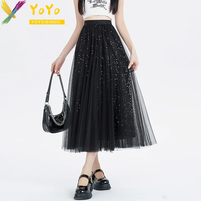 Elegant Formal Mesh Sequin Multi-layer Elastic Waist Skirt 2024 Fashion temperament Slim Party A-line skirt