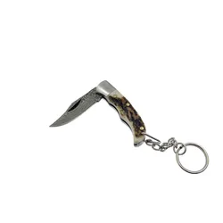 Mini Key Ring Utility Pocket Folding Damascus Steel Knife Customized Wooden Antler Horn Handle