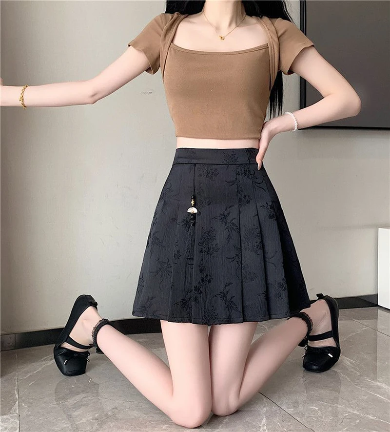 2024 New Chinese Style Jacquard Horse Face Summer Short Skirt High Waist Slimming Pleated Skirt Plus Size Versatile Skirt ﻿