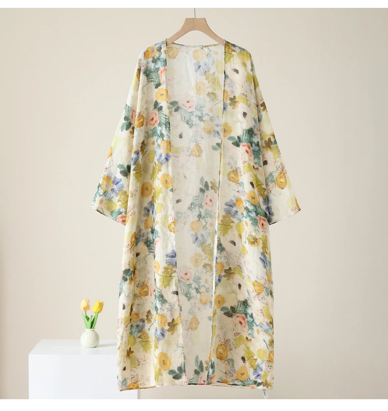 

Women's Summer Open-Front Cotton Linen Long Kimono Cardigan Vintage Ethnic Printed Boho Style Shirts Sun-Protection Cover Ups