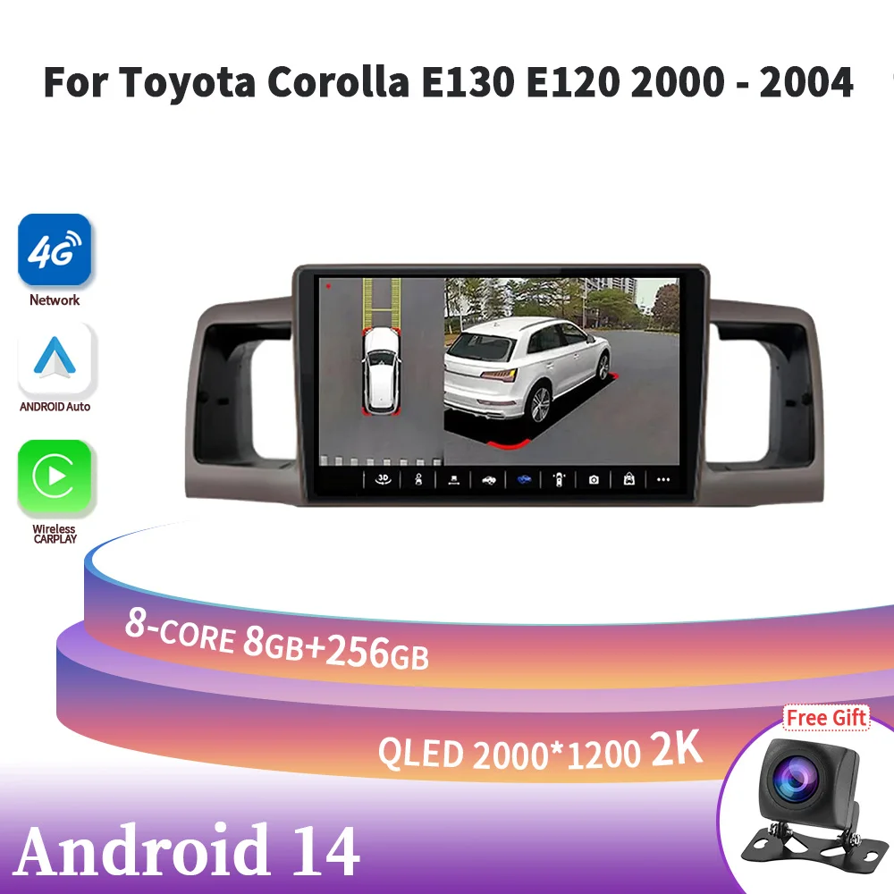 

For Toyota Corolla E130 E120 2000-2004 Wireless CarPlay 2Din Android 14 Screen Auto Radio Multimedia Navigation 4G GPS Head Unit