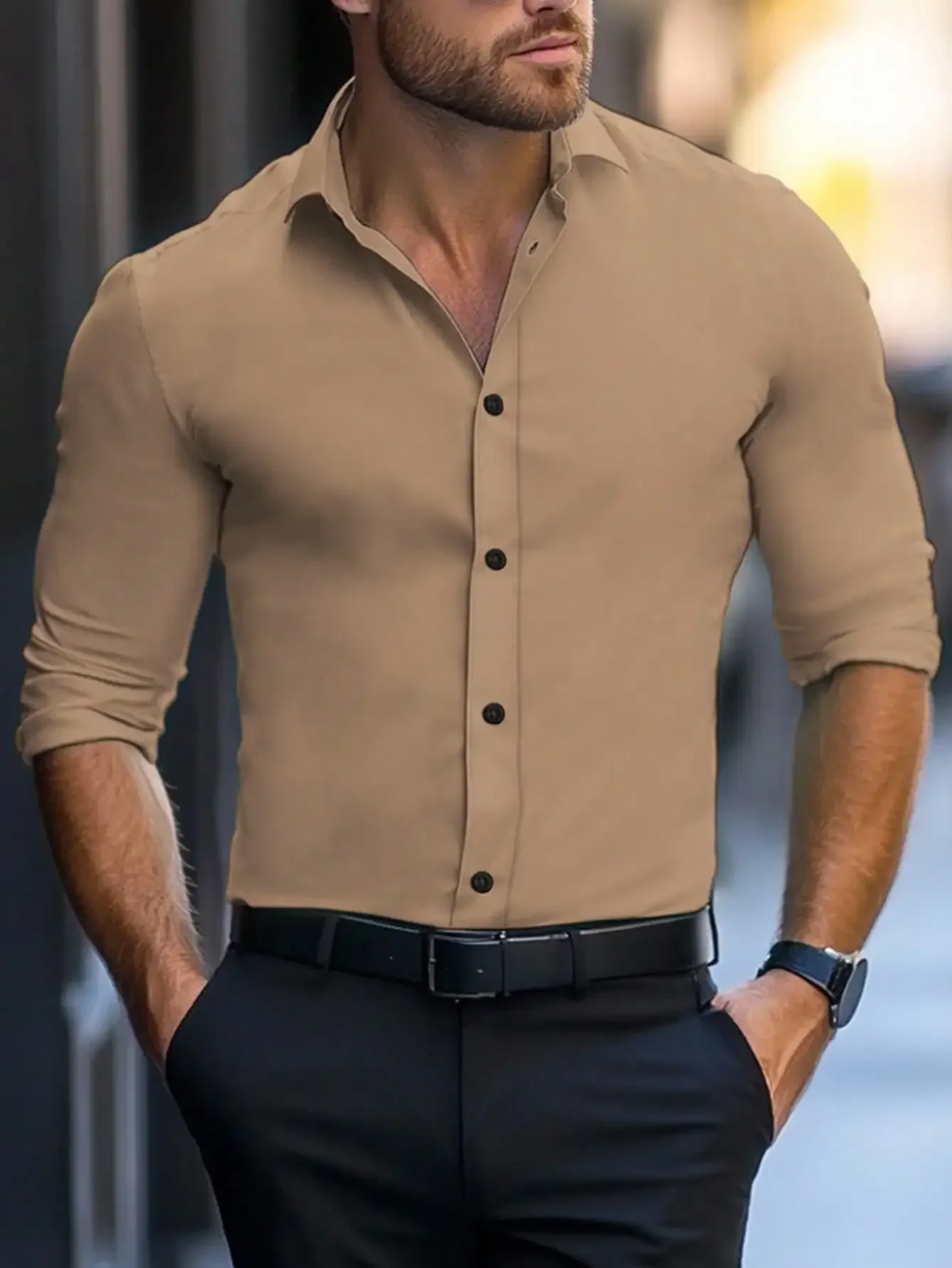 

Mens Solid Color Button Up Long Sleeve Casual Dress Shirt