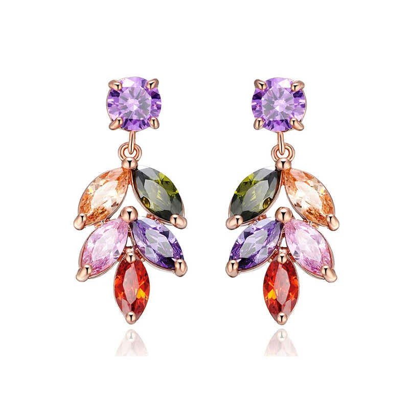 Women's Fashion Shiny Colorful Zircon Drop Earrings Multicolor CZ Stone Leaf Rose Gold Charming Dangle Earring Jewelry Best Gift