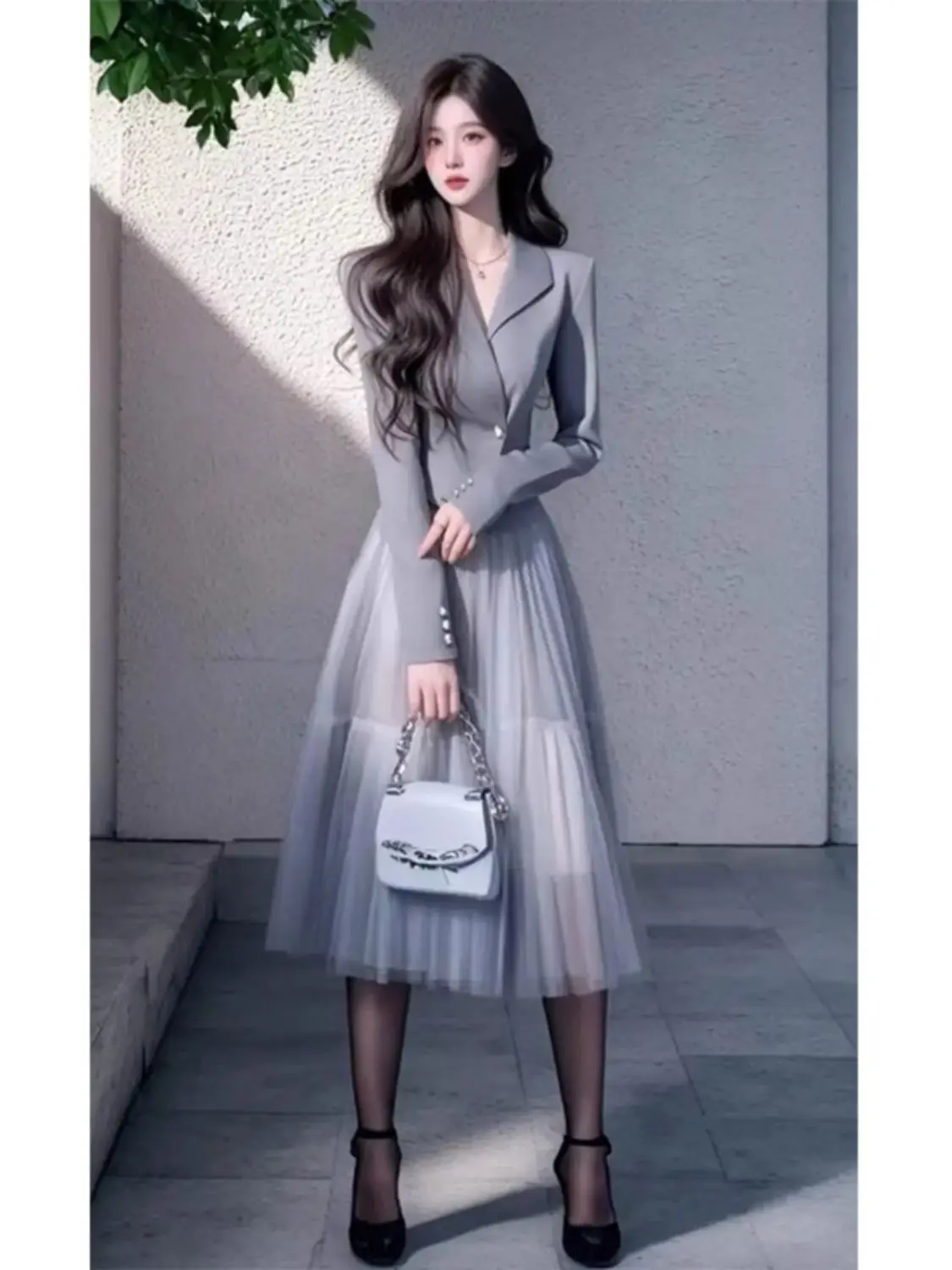 

New Luxury High End Celebrity Women's Two Piece Set Spring Elegant Lapel Slim Short Blazer Jacket + Mesh Skirt Fashion Suits