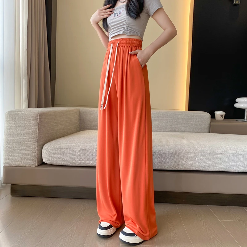 Summer Cool Dopamine Color Thin Copper Ammonia Silk Floor Sweeping Wide Leg Pants