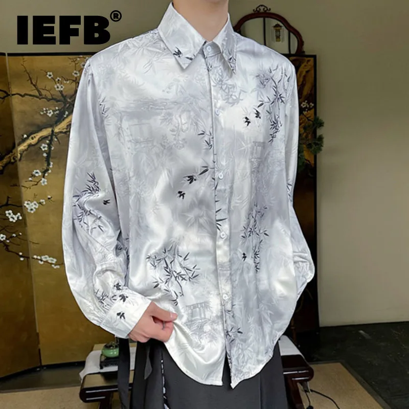 

IEFB Long Sleeve Shirt Men New Chinese Style Menwear Single Breasted Printed Turn-down Collar Fashion Top Temperament 9C5593