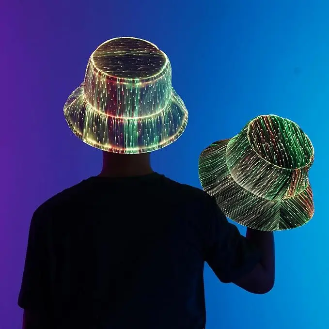 New Cool Fiber Optic Light Up Bucket Hat LED Glowing Fisherman Cap Trendy Luminous Hat for Outdoor Party