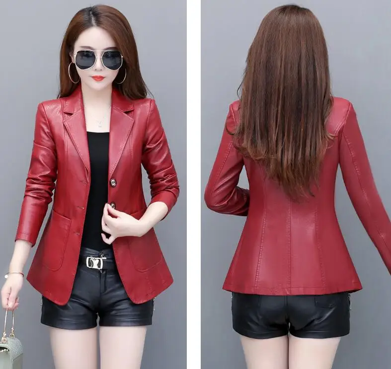 High Quality 2024 Spring Autumn New Leather Coat Women\'s Short Slim Suit Collar Leather Jacket Female\'s Coat Black