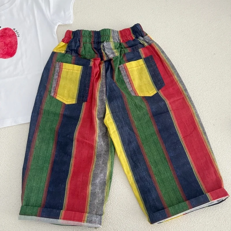 Summer Colorful Stripe Kids Pants Thin Loose Casual Boys Trousers Cotton Breathable Children  Pants Streetwear for 1-8Y Boys