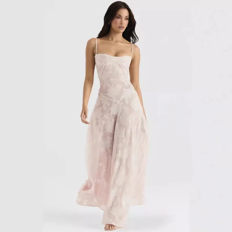 Robe dos nu transparente pour femme, robe de soirée en maille rose fibre, vintage, élégante, plage, fête, été, sexy, 2024