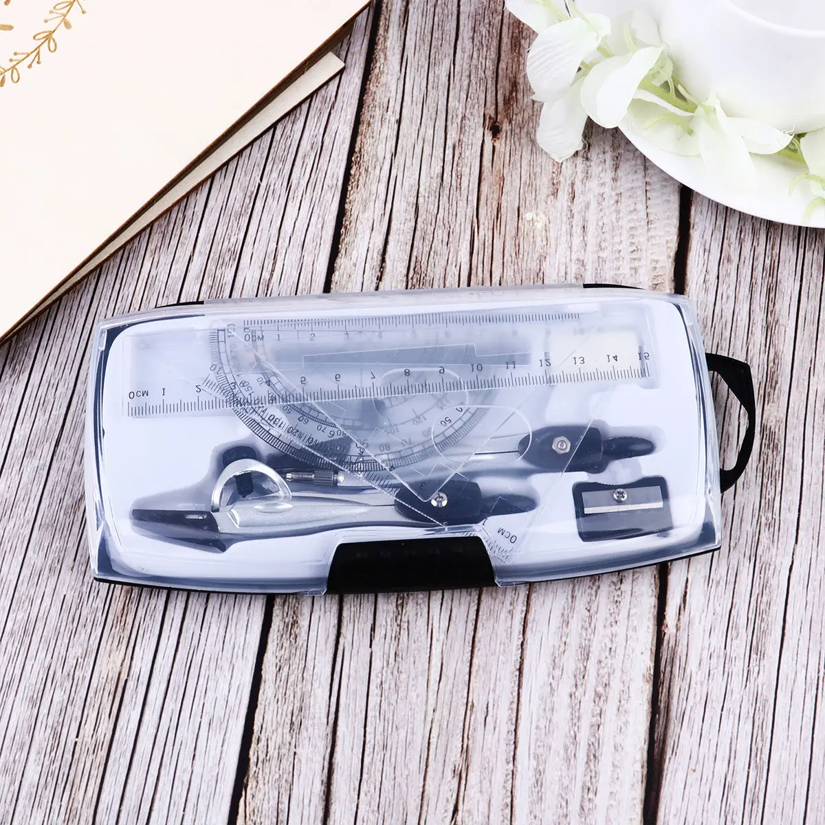 Geometry Drawing Tool Set Metal Compass Straight Ruler Triangle Ruler Protractor Pencil Eraser Sharpener Student Exam