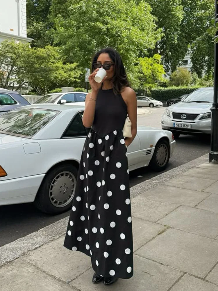 Tank Dot พิมพ์ชุด Maxi สําหรับผู้หญิงแฟชั่นเซ็กซี่แขนกุด O-คอ Streetwear ยาว Vestidos Robes หญิงสบายๆ