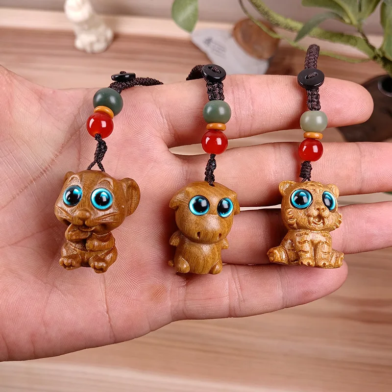 Miniature Wooden Zodiac Figurine Animal Crafts Lovely Snake Sheep Mouse DIY Pendant Men Women Keychain Accessories Birthday Gift