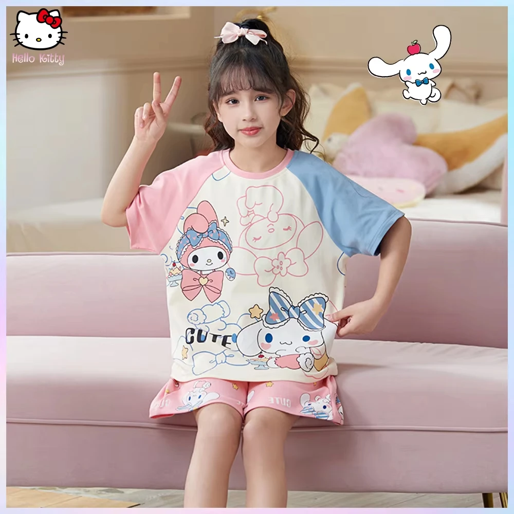 

Anime Sanrio Kawaii Summer Cinnamoroll Kuromi Children Pajamas Round Neck Short Sleeved Shorts Teen Cartoon Homewear Sleepwear