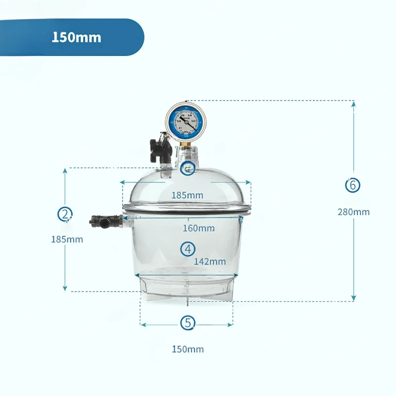 Laboratory Plastic Dryer Transparent Vacuum Drying Vessel Polycarbonate Storage Ball Pressure Gauge 150MM