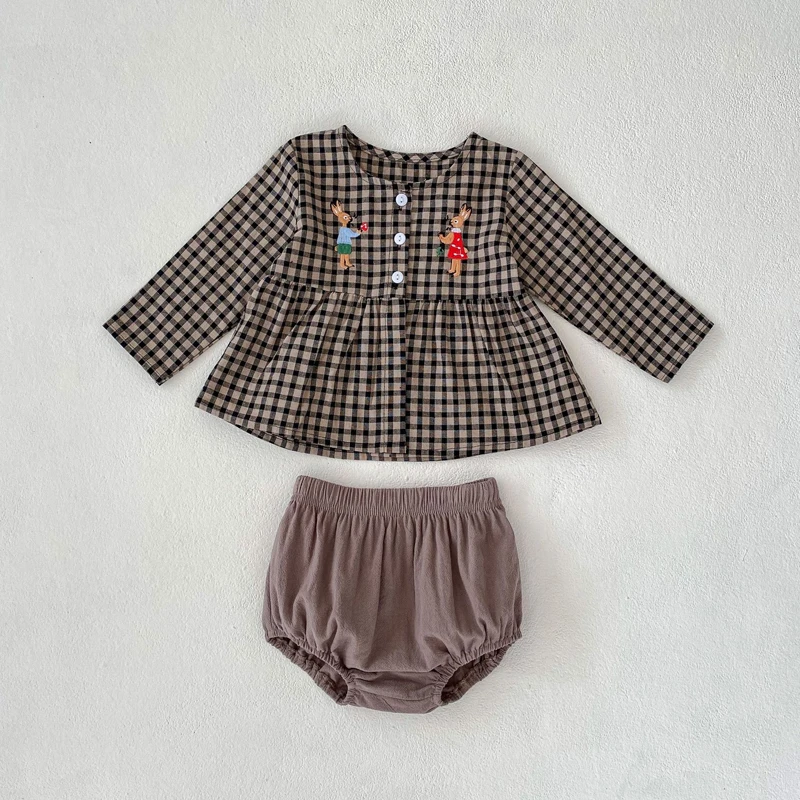 Autumn New 0-2 Year Old Baby Clothing Girl Rabbit Embroidered Plaid Long sleeved Top+Bottom Wrapped Pants Set