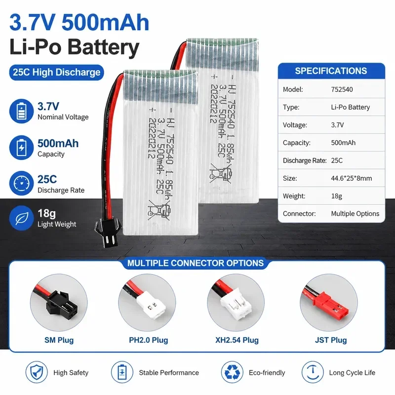 [New] for X5C Drone 3.7V 500mAh 25C High Rate 752540 Lithium Battery Model Aircraft Accessories