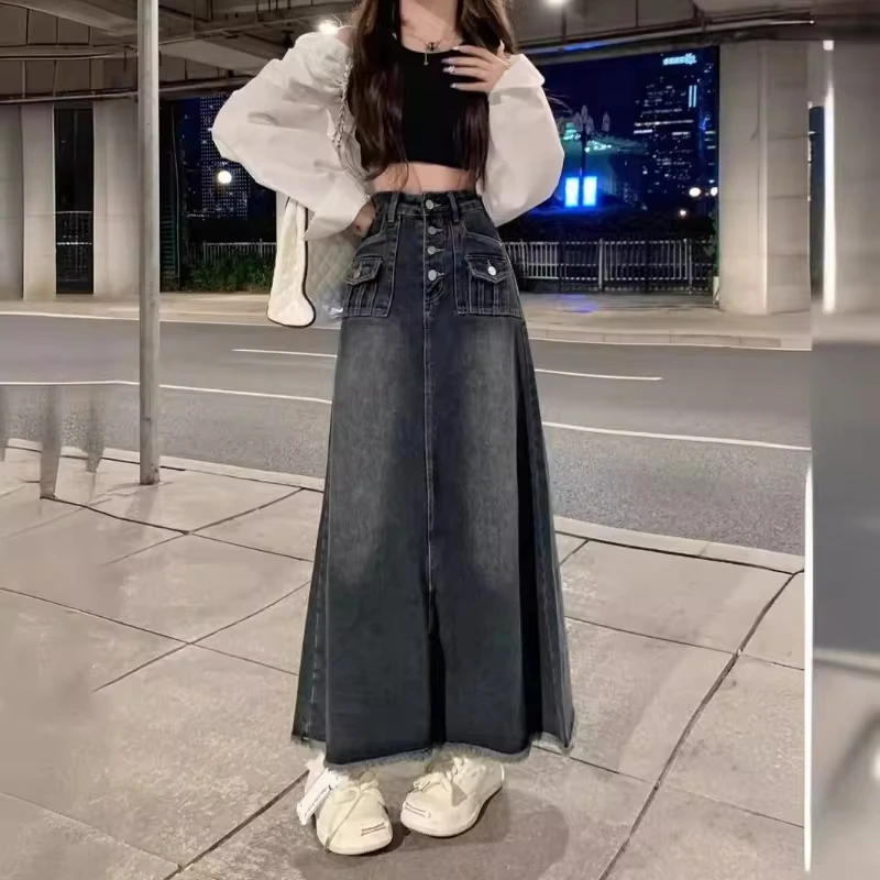 Women High Waisted Blue Denim A Line Skirt Sense of Design