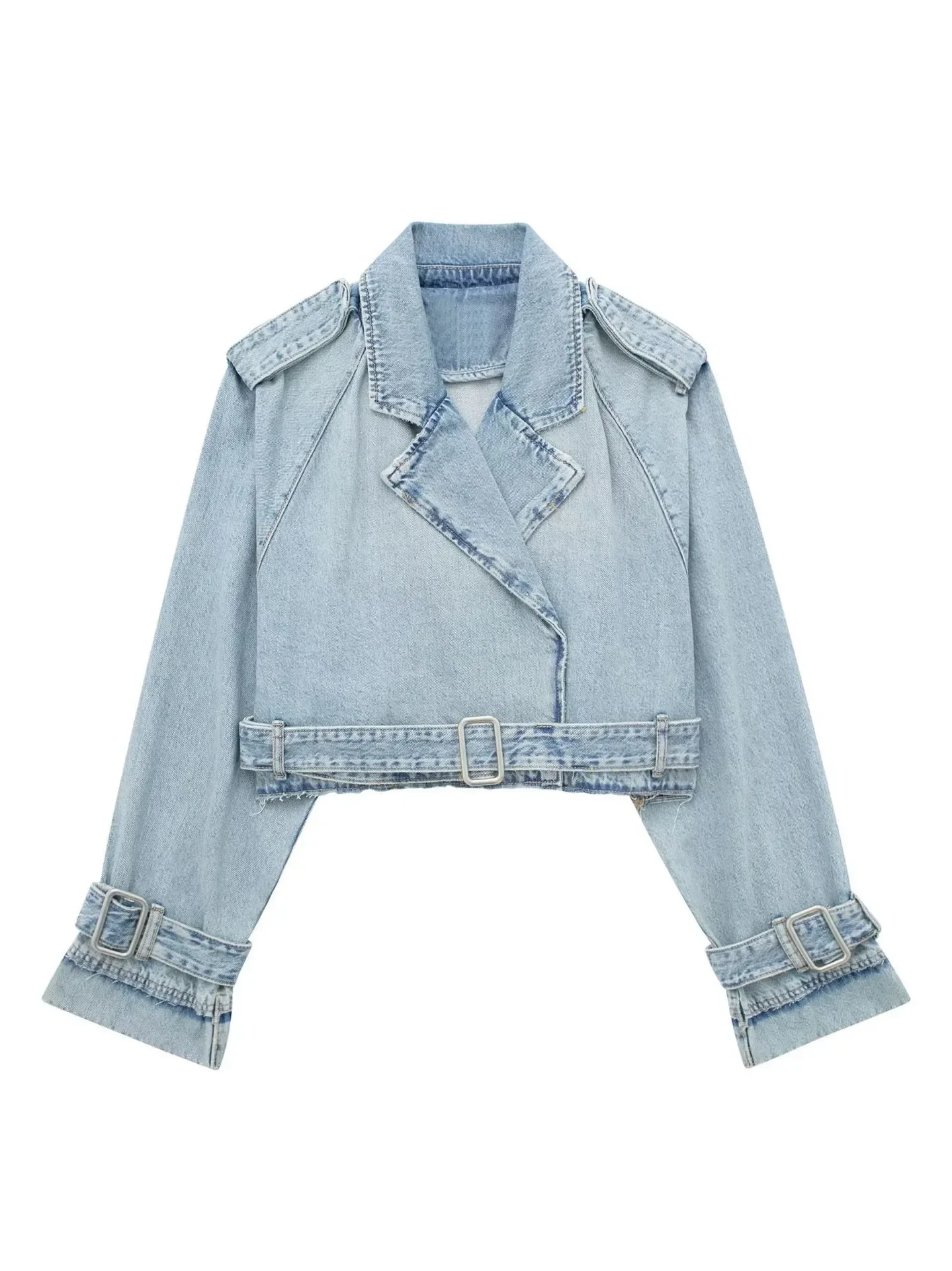 Spring Lapel Notched Collar Washing Blue Denim Jacket Vintage Women Hem Buckle Belt Draped Jean Coat Cool Outerwear 3 Color