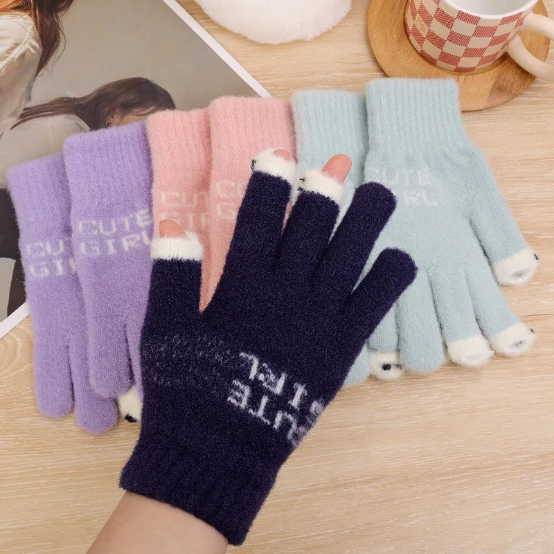 Women's Touchscreen Five-finger Knitted Wool Gloves Ladies Christmas Snowflake Student Outdoor Winter Warm Fingertip Mittens