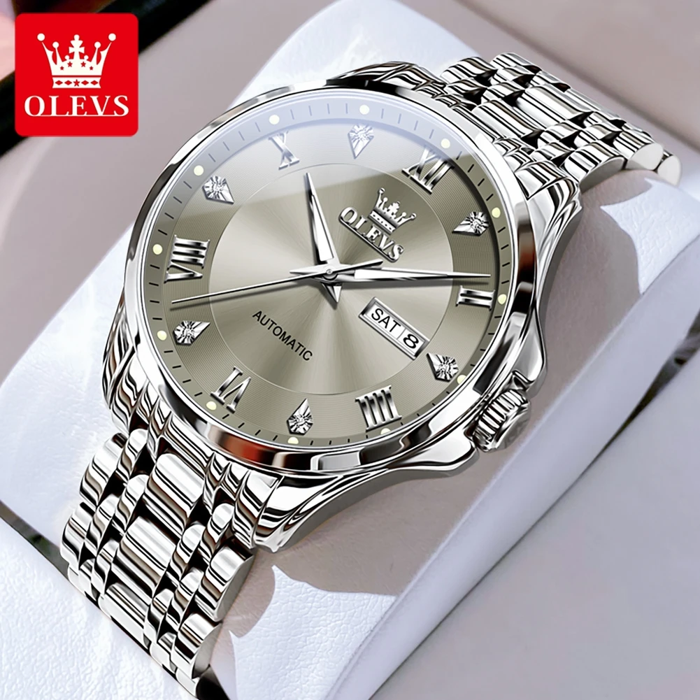 OLEVS Fashion Mens Original Mechanical Watch Stainless Steel Waterproof Luminous Watch for Man Date Week Automatic Wristwatch