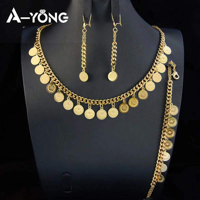 Luxury Arabic Gold Color Coins Necklace Set 21k Gold Plated Turkish Coin Chains Islamic Muslim Women Wedding Party Jewelry