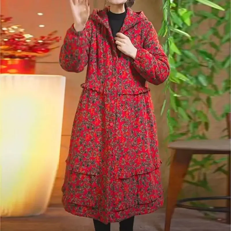 Autumn Winter Fleece Thick Floral Print Cotton Coat Hooded Women's Clothing Long Cotton-padded Jacket Design Parkas Outerwear